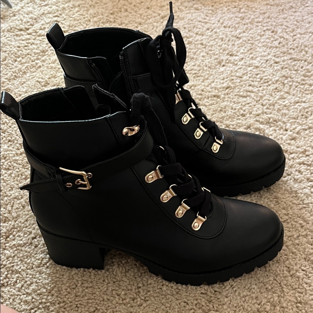 Black Ankle Boots with Gold Accents